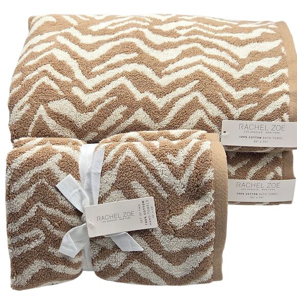 Rachel Zoe 4pc Tan Beige Chevron Print Cotton Towel Set 2 Bath 2 Hand - Picture 3 of 7
